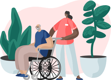 Man in red t-shirt and blue shorts sitting on wheel chair