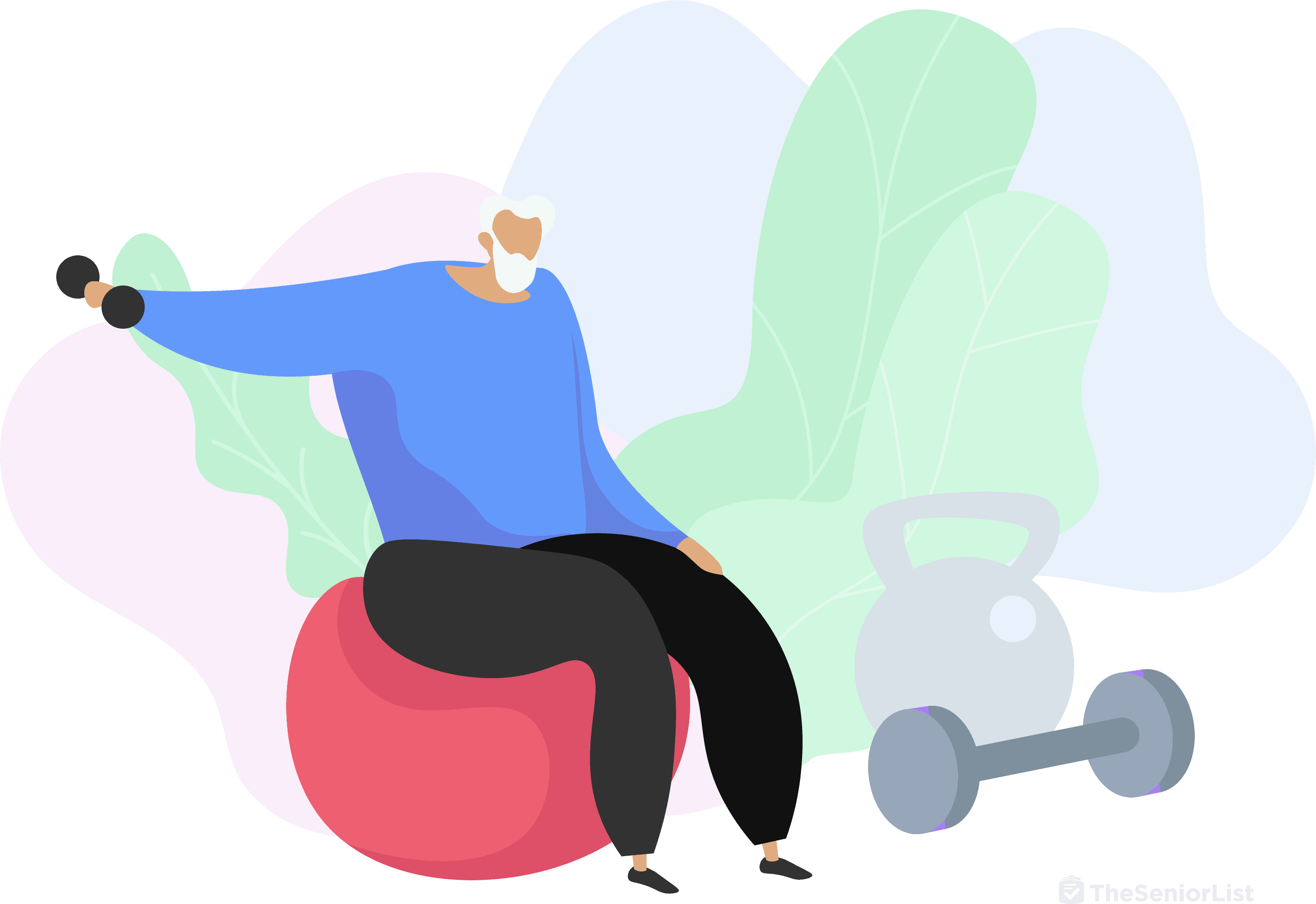 Person sitting on exercise ball lifting a free weight