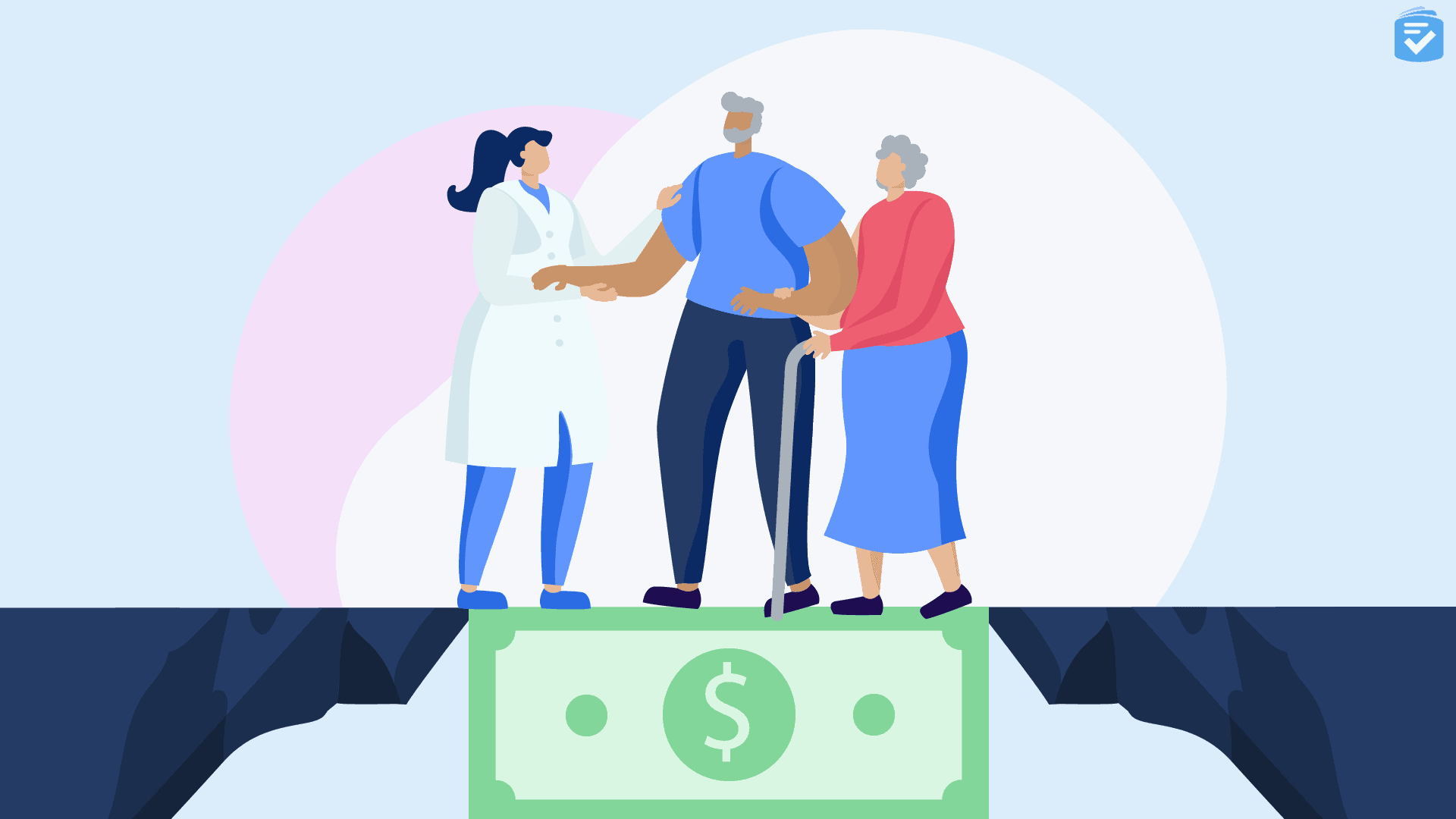 Care provider and senior couple standing on a hill with money underneath them.