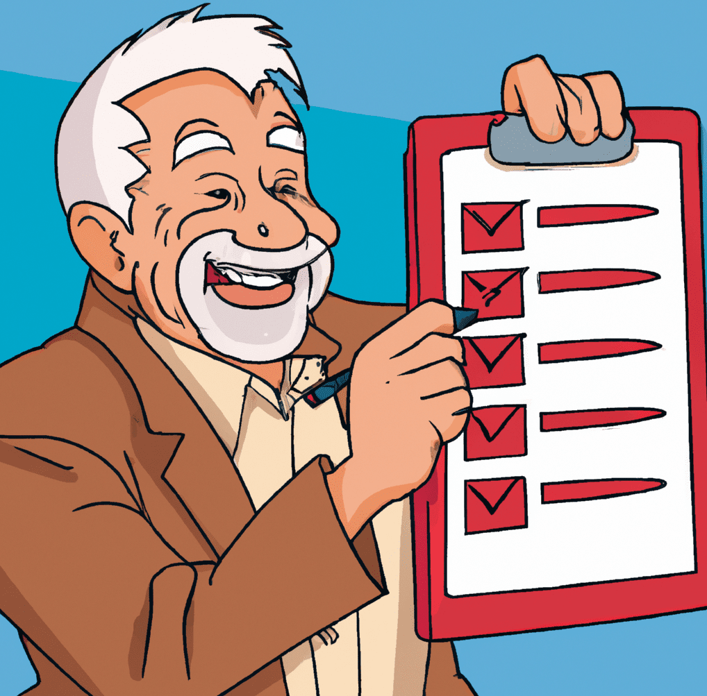 An elderly man holding a checklist