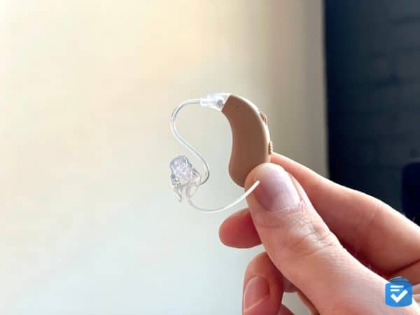 The MDHearing Volt is a behind-the-ear hearing aid.