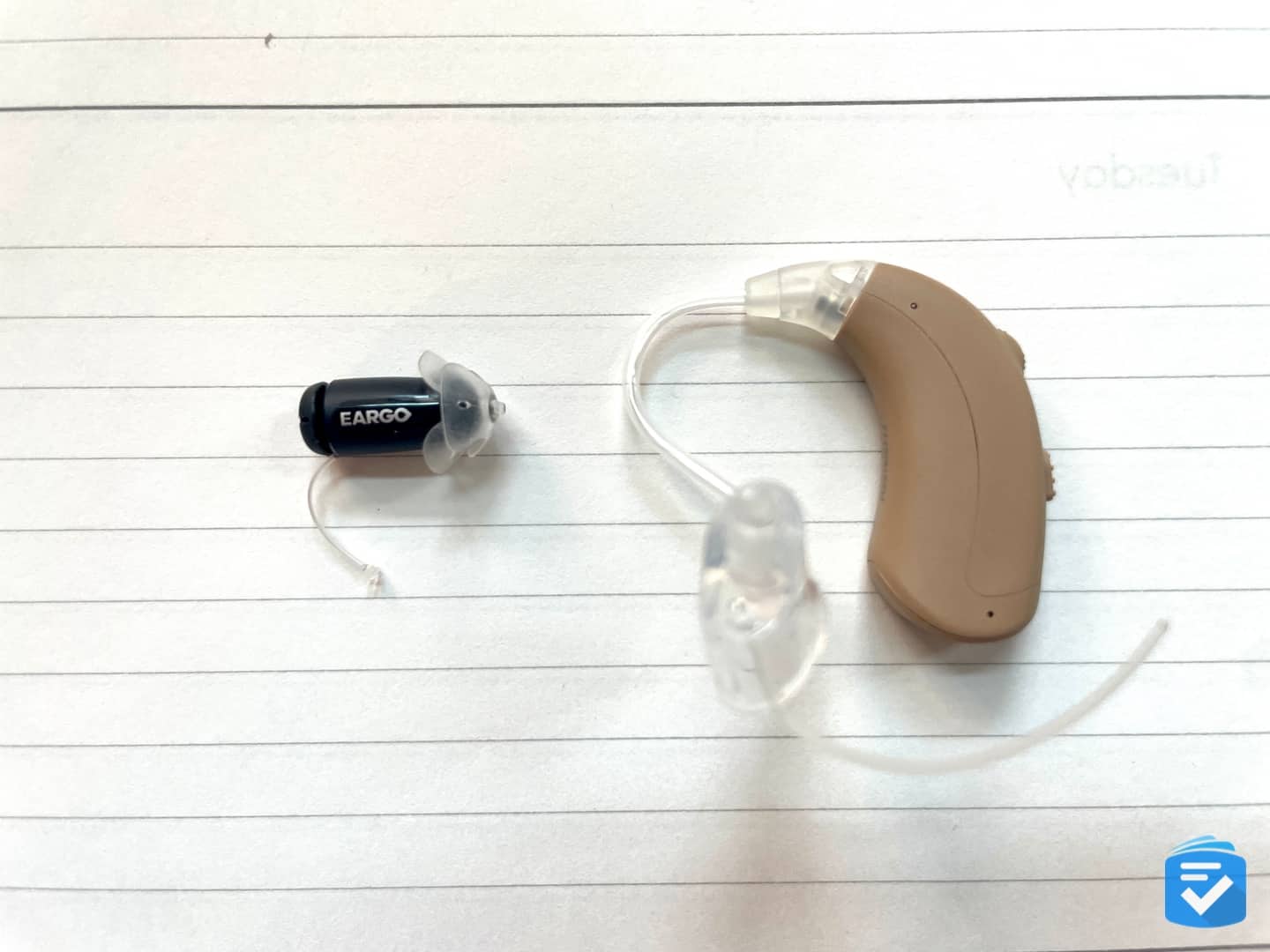 MDHearing Volt hearing aids are significantly larger than Eargo hearing aids.