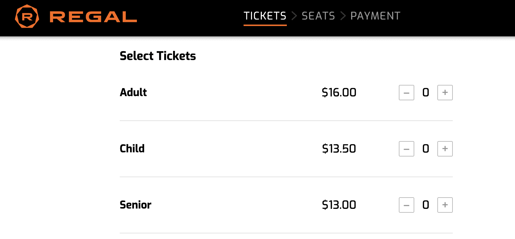 List of Regal Tickets Prices