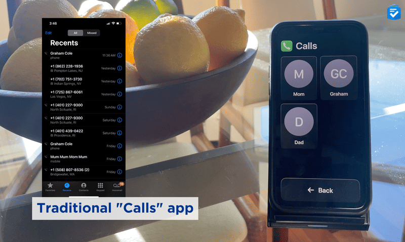 With Assistive Access, the Calls app is greatly simplified.