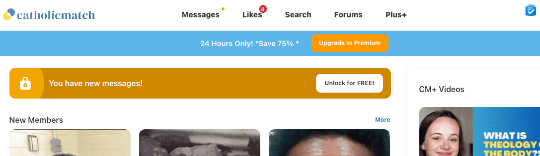 On the CatholicMatch home screen, we could view messages, likes, and new members of the site. 