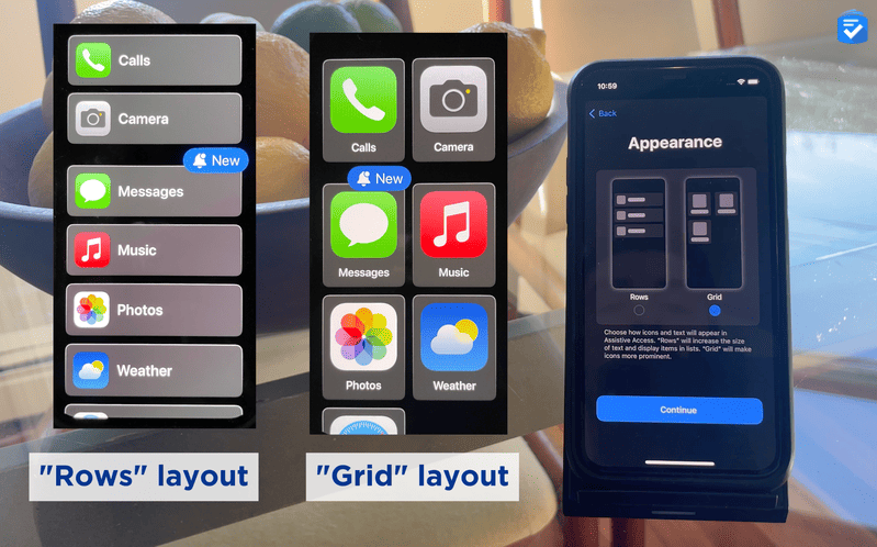 Comparison of the Rows and Grid layouts in Assistive Access mode