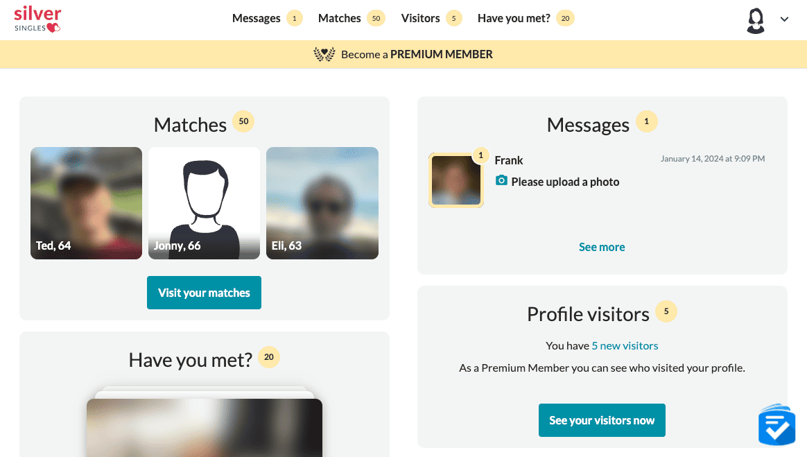 On the SilverSingles home screen, we could view messages, matches, and other pertinent information.