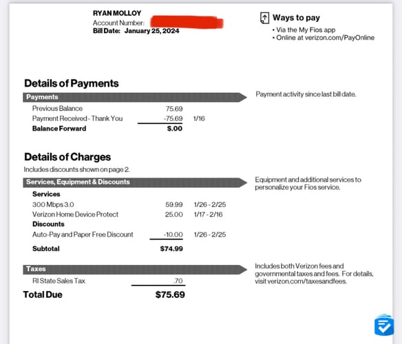 My monthly Verizon bill viewed in the My Verizon app.