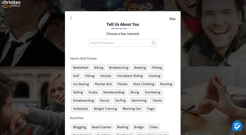 To create our Christian Mingle profile, we could choose from a variety of interests and hobbies.