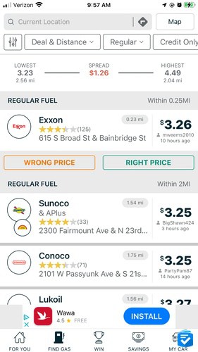Comparing local gas prices through the GasBuddy app.