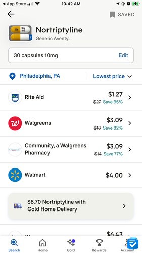 Comparing the cost of medication at nearby pharmacies using GoodRx.