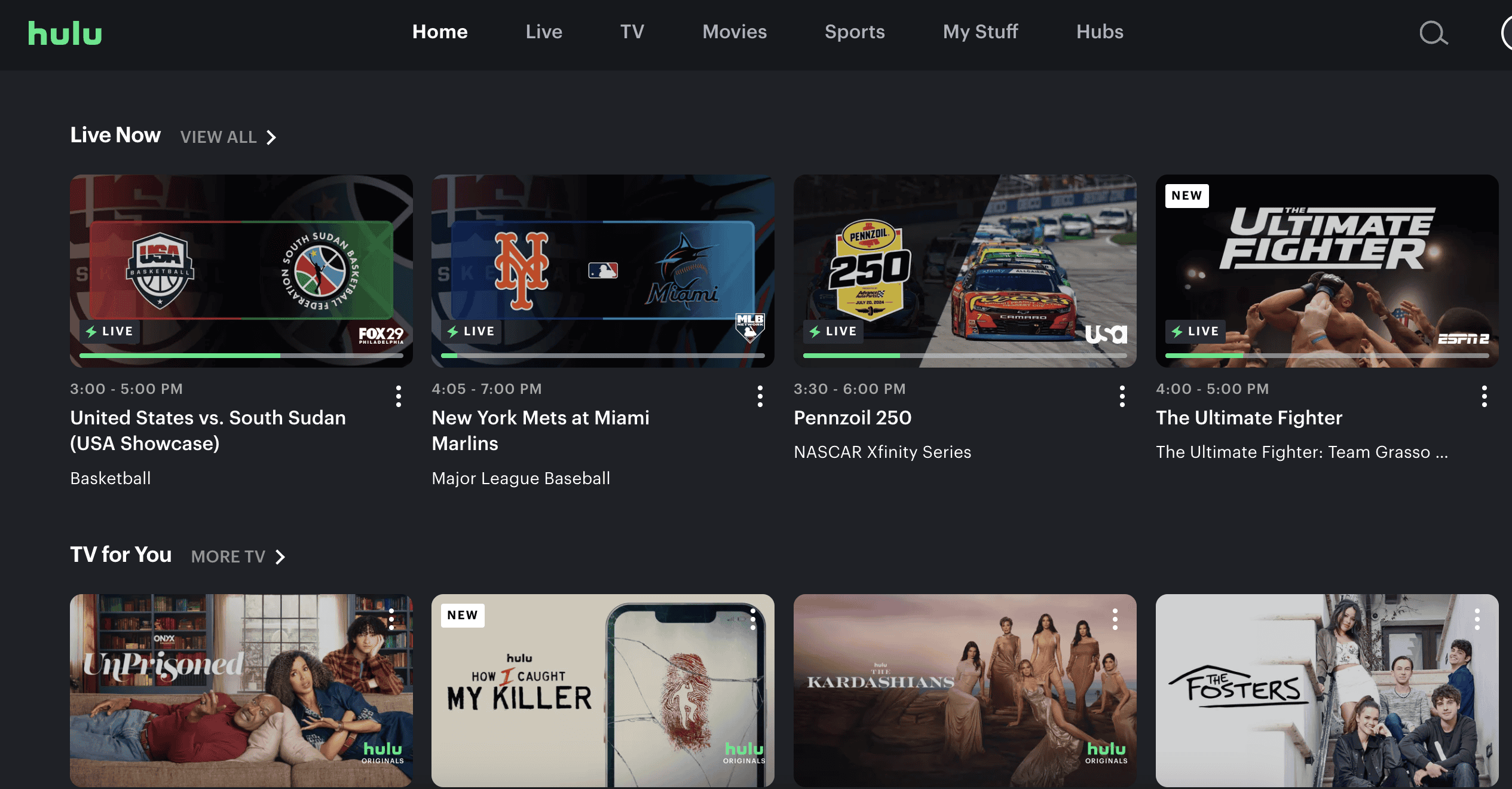 When you log into Hulu, you'll be presented with a range of shows, movies, and live events you can watch.