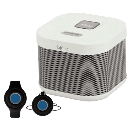 Lifeline’s HomeSafe base unit, along with wearable help buttons Lifeline's HomeSafe base unit, along with wearable help buttons